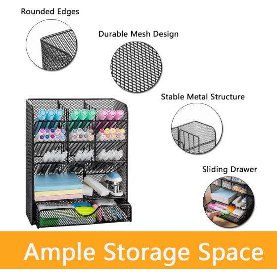 Spacrea Metal Pen Organizer, Pencil Holder for Desk, Desk Organizer with Drawer for School, Home, Art Supplies (Black)
