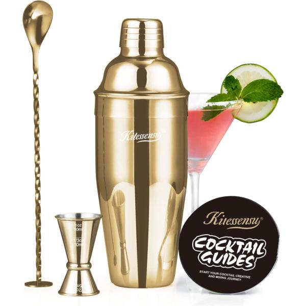 Cocktail Shaker, KITESSENSU 24oz Drink Shaker with Bartender Strainer, Measuring Jigger, Bar Mixing Spoon, Cocktail Recipe Guide, Professional Drink Mixer Set for Beginners, Silver