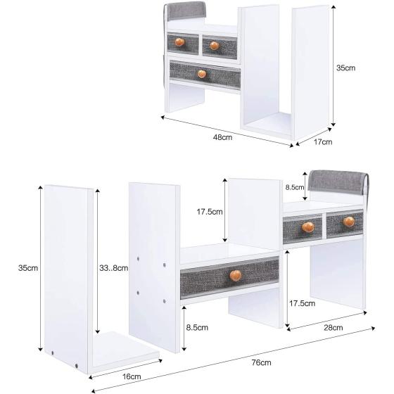 X-cosrack Wood Expandable Desktop Bookshelf Counter Bookcase Adjustable with Drawers Desktop Shelves Rack Storage Organizer for Office Supplies,Makeup,White.Petent Pending
