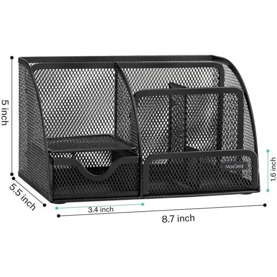 MaxGear Mesh Desk Organizer Office Desktop Organizer with Drawer, Metal Stationary Organizer Black Desk Caddy, 6 Compartments, 8.7 x 5.5 x 5 inch, 1 Pack