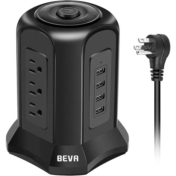 Power Strip Tower Surge Protector BEVA 10ft Flat Plug Desktop Charging Station 9 AC Outlets 4 USB Ports, 900 Joules, Long Extension Cord for Home Office Appliances Smartphones Computer Tablets(Black)