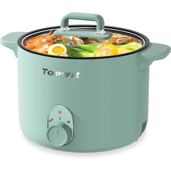 Topwit Electric Hot Pot Mini, Electric Cooker, Noodles Cooker, Electric Kettle with Multi-Function for Steam, Egg, Soup and Stew with Over-Heating & Boil Dry Protection, Dual Power, 1.2L, Green
