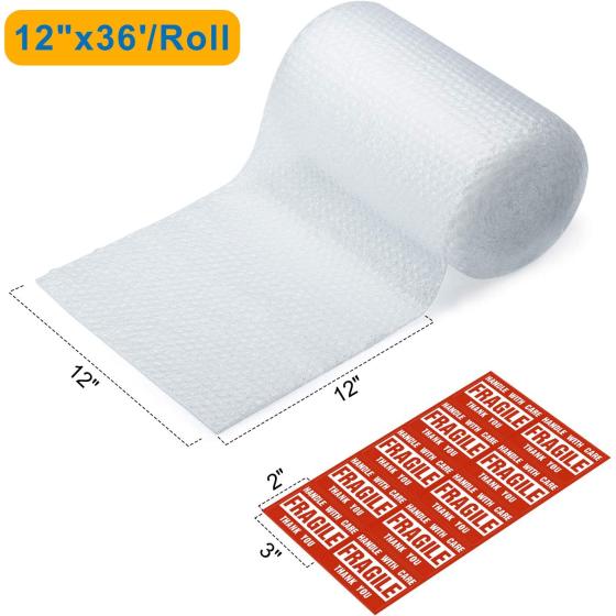 2-Pack Bubble Cushion Wrap Roll, Fuxury 12 Inch x 72 Feet Total Air Bubble Cushioning Wrap, Perforated Every 12", Included 20 Fragile Sticker Labels for Packaging Moving Shipping Boxes Supplies