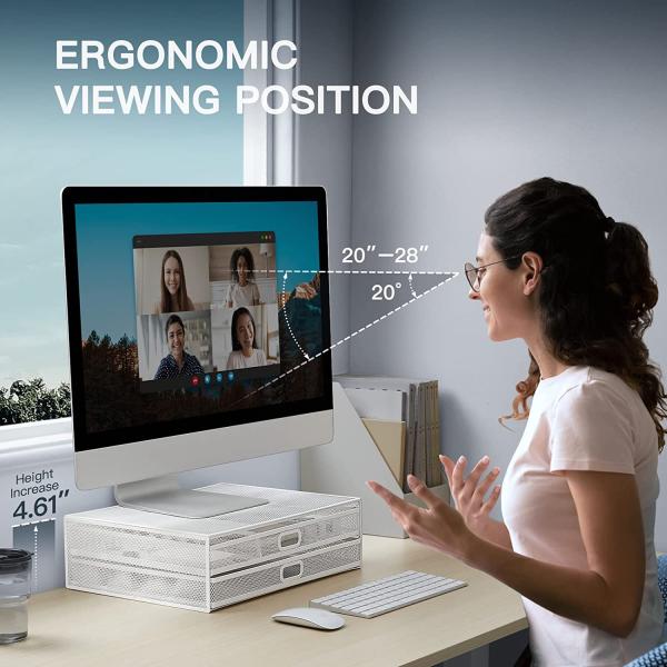 Monitor Stand with Drawer, Monitor Stand, Monitor Riser Mesh Metal, Desk Organizer, Monitor Stand with Storage, Desktop Computer Stand for PC, Laptop, Printer - HUANUO