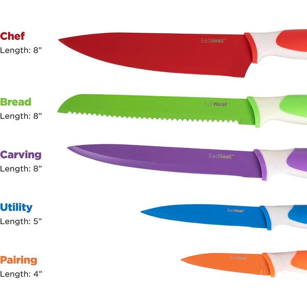 EATNEAT 12-Piece Colorful Kitchen Knife Set - 5 Colored Stainless Steel Knives with Sheaths, Cutting Board, and a Sharpener - Razor Sharp Cutting Tools that are Kitchen Essentials for New Home