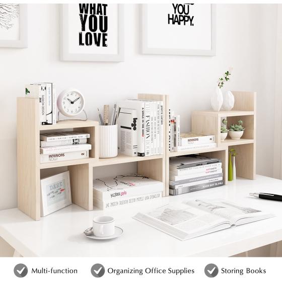 Jerry & Maggie - Desktop Organizer Office Storage Rack Adjustable Wood Display Shelf | Birthday Gifts - Toy - Home Decor | - Free Style Rotation Display - True Natural Stand Shelf White Wood Tone