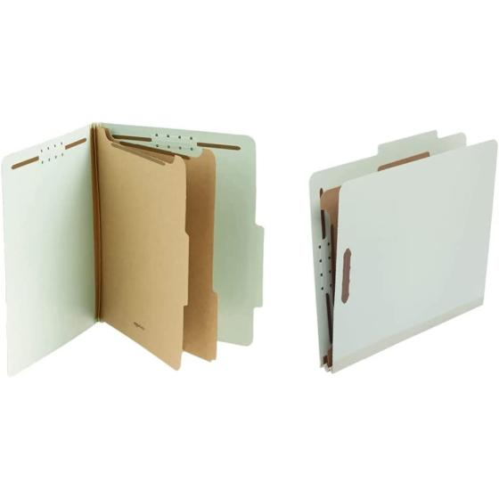 Amazon Basics 10-Pack Letter Size Pressboard Classification File Folders with Fasteners, Dividers, 2” Expansion - Green
