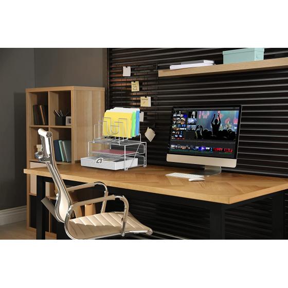 DecoBros Mesh Desk Organizer with Double Tray， 5 Stacking Sorter Sections and Sliding Drawer， Black