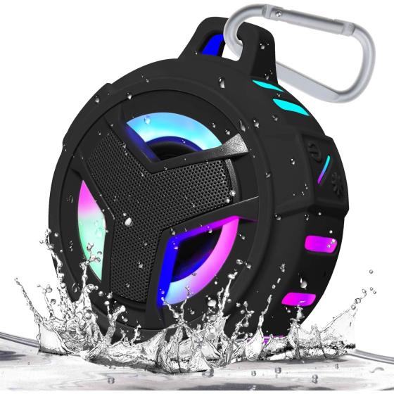 EBODA Bluetooth Shower Speaker， Portable Bluetooth Speakers， IP67 Waterproof Wireless Speaker with LED Light， Floating， 2000mAh， True Wireless Stereo for Kayak， Beach， Gifts for unisex -Black